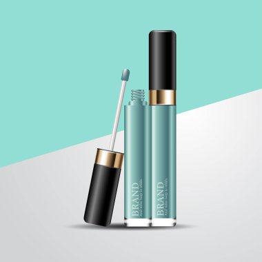 Yıllık satış veya festival satışı için nemlendirici yüz kapatıcı. yeşil ve altın kapatıcı maske şişe glitter parçacıkları arka plan izole. Zarif kozmetik reklamlar, illüstrasyon.