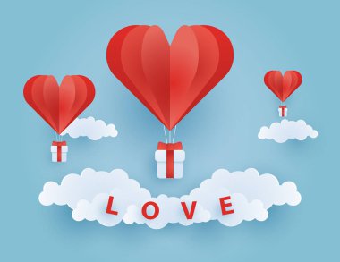 Origami sıcak hava balonunu gökyüzünde havada süzülerek uçurdu, aşk ve sevgililer gününün gösterimi, vektör kağıt sanatı ve el işi tasviri.