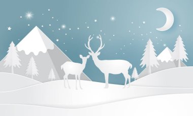 Kar, vektör kağıt sanat ve zanaat tarzı illüstrasyon ile ormanda Geyik.