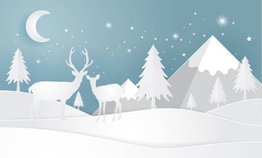Kar, vektör kağıt sanat ve zanaat tarzı illüstrasyon ile ormanda Geyik.
