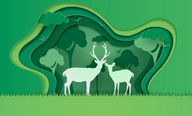 Kar, vektör kağıt sanat ve zanaat tarzı illüstrasyon ile ormanda Geyik.