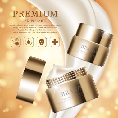 Yıllık indirimli yüz kremi ya da festival satışı için. Işıltılı parçacıkların arka planında izole edilmiş gümüş ve altın rengi maske şişesi. Zarif kozmetik reklamları, illüstrasyon.