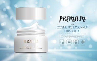Yıllık satış veya festival satış için nemlendirici yüz kremi. Gümüş ve beyaz krem maske şişe Glitter parçacıklar arka plan üzerinde izole. Zarif kozmetik reklamları, illüstrasyon.