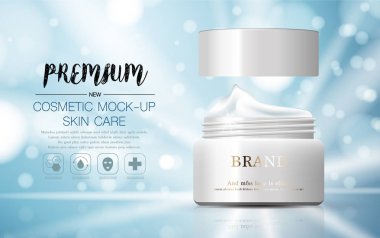 Yıllık satış veya festival satış için nemlendirici yüz kremi. Gümüş ve beyaz krem maske şişe Glitter parçacıklar arka plan üzerinde izole. Zarif kozmetik reklamları, illüstrasyon.