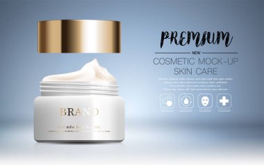 Yıllık indirimli yüz kremi ya da festival satışı için. Işıltılı parçacıkların arka planında izole edilmiş gümüş ve altın rengi maske şişesi. Zarif kozmetik reklamları, illüstrasyon.