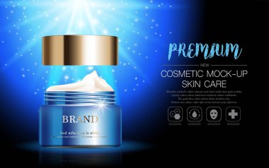 Yıllık indirimli yüz kremi ya da festival satışı için. Işıltılı parçacıkların arka planında izole edilmiş gümüş ve altın rengi maske şişesi. Zarif kozmetik reklamları, illüstrasyon.