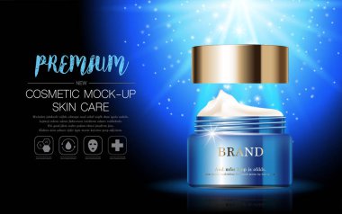 Yıllık indirimli yüz kremi ya da festival satışı için. Işıltılı parçacıkların arka planında izole edilmiş gümüş ve altın rengi maske şişesi. Zarif kozmetik reklamları, illüstrasyon.