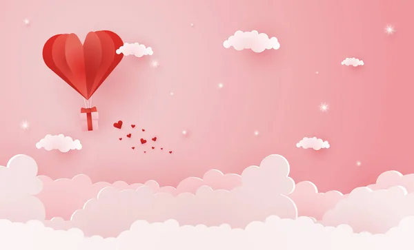 Origami Made Hot Air Balloon Flying Sky Heart Float Sky — Stock Vector