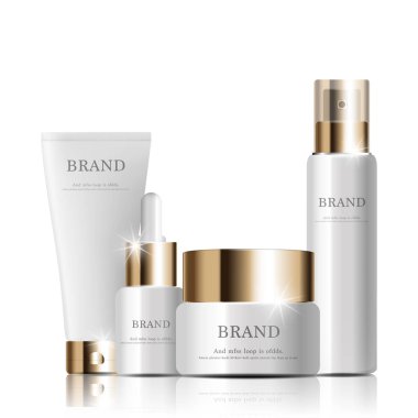 Yıllık satış veya festival satışı için nemlendirici yüz cilt bakımı ayarlayın. kırmızı ve altın cilt bakım seti maske şişesi glitter parçacıklar arka plan izole. Zarif kozmetik reklamlar, illüstrasyon.