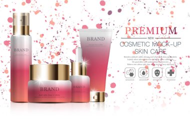 Yıllık satış veya festival satışı için nemlendirici yüz cilt bakımı ayarlayın. kırmızı ve altın cilt bakım seti maske şişesi glitter parçacıklar arka plan izole. Zarif kozmetik reklamlar, illüstrasyon.