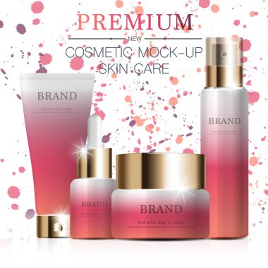 Yıllık satış veya festival satışı için nemlendirici yüz cilt bakımı ayarlayın. kırmızı ve altın cilt bakım seti maske şişesi glitter parçacıklar arka plan izole. Zarif kozmetik reklamlar, illüstrasyon.