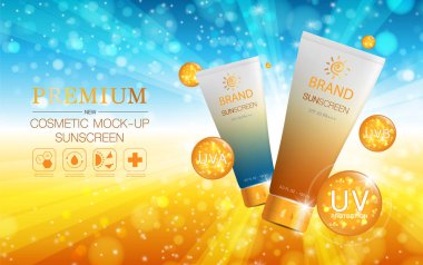 Yıllık indirimli yüz kremi ya da festival satışı için. Işıltılı parçacıkların arka planında izole edilmiş gümüş ve turuncu krema şişesi. Zarif kozmetik reklamları, illüstrasyon.