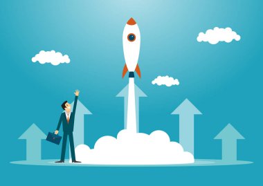 işadamı roket yolculuğu el başarı için mali pound yardım ediyor. iş kavramı illüstrasyon.