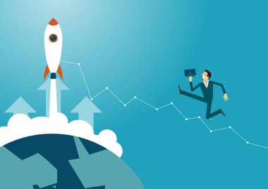 işadamı roket yolculuğu el başarı için mali pound yardım ediyor. iş kavramı illüstrasyon.