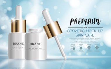 Yıllık satış veya festival satışı için yüz serumu nemlendirici. beyaz ve altın serum maske şişe glitter parçacıkları arka plan izole. Zarif kozmetik reklamlar, illüstrasyon.