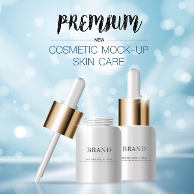 Yıllık satış veya festival satışı için yüz serumu nemlendirici. beyaz ve altın serum maske şişe glitter parçacıkları arka plan izole. Zarif kozmetik reklamlar, illüstrasyon.