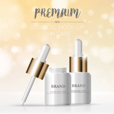 Yıllık satış veya festival satışı için yüz serumu nemlendirici. beyaz ve altın serum maske şişe glitter parçacıkları arka plan izole. Zarif kozmetik reklamlar, illüstrasyon.