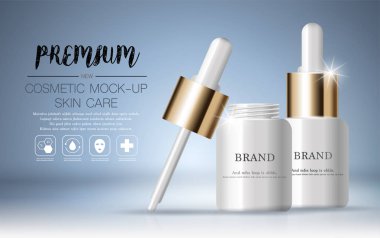 Yıllık satış veya festival satışı için yüz serumu nemlendirici. beyaz ve altın serum maske şişe glitter parçacıkları arka plan izole. Zarif kozmetik reklamlar, illüstrasyon.