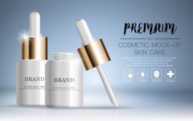 Yıllık satış veya festival satışı için yüz serumu nemlendirici. beyaz ve altın serum maske şişe glitter parçacıkları arka plan izole. Zarif kozmetik reklamlar, illüstrasyon.