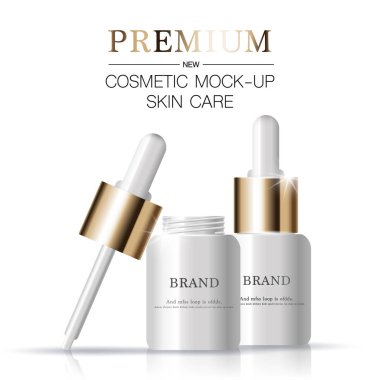 Yıllık satış veya festival satışı için yüz serumu nemlendirici. beyaz ve altın serum maske şişe glitter parçacıkları arka plan izole. Zarif kozmetik reklamlar, illüstrasyon.