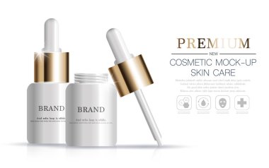 Yıllık satış veya festival satışı için yüz serumu nemlendirici. beyaz ve altın serum maske şişe glitter parçacıkları arka plan izole. Zarif kozmetik reklamlar, illüstrasyon.