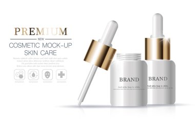 Yıllık satış veya festival satışı için yüz serumu nemlendirici. beyaz ve altın serum maske şişe glitter parçacıkları arka plan izole. Zarif kozmetik reklamlar, illüstrasyon.