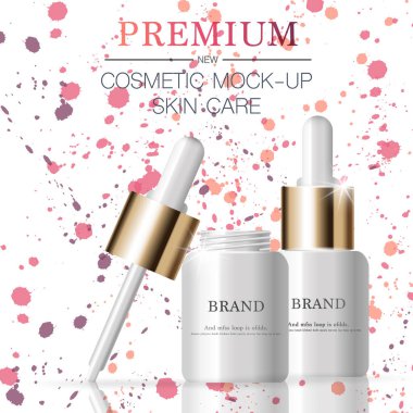 Yıllık satış veya festival satışı için yüz serumu nemlendirici. beyaz ve altın serum maske şişe glitter parçacıkları arka plan izole. Zarif kozmetik reklamlar, illüstrasyon.