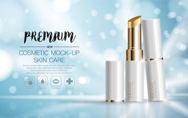 Yıllık satış ya da festival için yüz ruju nemlendirici. Beyaz ve altın rengi ruj maskeli bir şişe. Arkaplanda parıltı parçacıkları var. Zarif kozmetik reklamları, illüstrasyon.