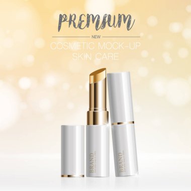 Yıllık satış ya da festival için yüz ruju nemlendirici. Beyaz ve altın rengi ruj maskeli bir şişe. Arkaplanda parıltı parçacıkları var. Zarif kozmetik reklamları, illüstrasyon.