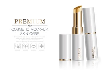 Yıllık satış ya da festival için yüz ruju nemlendirici. Beyaz ve altın rengi ruj maskeli bir şişe. Arkaplanda parıltı parçacıkları var. Zarif kozmetik reklamları, illüstrasyon.