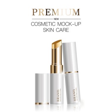 Yıllık satış ya da festival için yüz ruju nemlendirici. Beyaz ve altın rengi ruj maskeli bir şişe. Arkaplanda parıltı parçacıkları var. Zarif kozmetik reklamları, illüstrasyon.