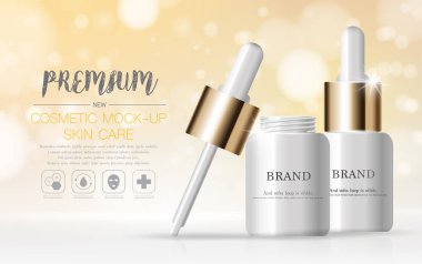 Yıllık satış veya festival satışı için yüz serumu nemlendirici. beyaz ve altın serum maske şişe glitter parçacıkları arka plan izole. Zarif kozmetik reklamlar, illüstrasyon.