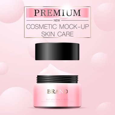 Yıllık indirimli yüz kremi ya da festival satışı için. Işıltılı parçacıkların arka planında izole edilmiş gümüş ve pembe krem maskeli şişe. Zarif kozmetik reklamları, illüstrasyon.