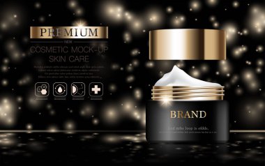 Yıllık indirimli yüz kremi ya da festival satışı için. Işıltılı parçacıkların arka planında izole edilmiş gümüş ve altın rengi maske şişesi. Zarif kozmetik reklamları, illüstrasyon.