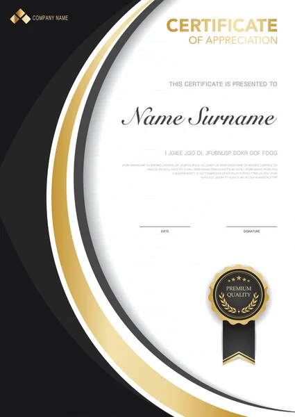 Diploma Certificate Template Black Gold Luxury Modern Style Vector Illustration — Stock Vector