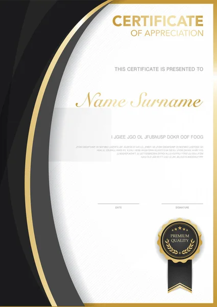 Modello Diploma Certificato Nero Oro Con Illustrazione Vettoriale Lusso Stile — Vettoriale Stock