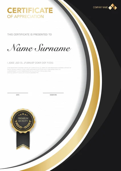 Modello Diploma Certificato Nero Oro Con Illustrazione Vettoriale Lusso Stile — Vettoriale Stock