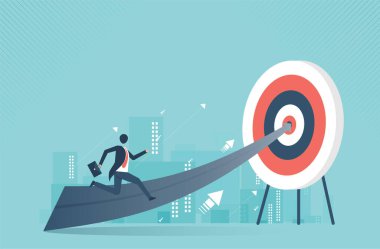 İş adamı hedefe doğru merdivenlerden çıkıyor, liderlik konsepti gelişimi ve başarıya giden yol. İş kavramı büyümesi ve başarı yolu, vektör tasarımı.