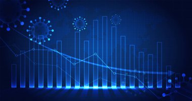 Corona virüsünün borsa ve küresel ekonomi üzerindeki etkisi. Hisseler ve grafikler düşer. Piyasalar düşüyor. Ekonomik serpinti. vektör tasarımı.