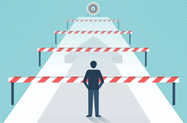 Homme Affaires Debout Devant Nombreux Obstacles Obstacles Sur Chemin Conception — Image vectorielle
