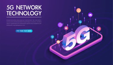 5G ağ kablosuz teknoloji vektör çizimi. Gelecek neslin yüksek hızlı mobil interneti. Modern dijital cihazlar kullanarak. Web sayfası tasarım şablonu.