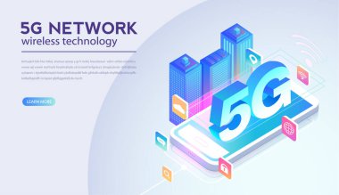 5G ağ kablosuz teknoloji vektör çizimi. Gelecek neslin yüksek hızlı mobil interneti. Modern dijital cihazlar kullanarak. Web sayfası tasarım şablonu.