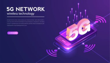 5G ağ kablosuz teknoloji vektör çizimi. Gelecek neslin yüksek hızlı mobil interneti. Modern dijital cihazlar kullanarak. Web sayfası tasarım şablonu.
