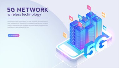 5G ağ kablosuz teknoloji vektör çizimi. Gelecek neslin yüksek hızlı mobil interneti. Modern dijital cihazlar kullanarak. Web sayfası tasarım şablonu.