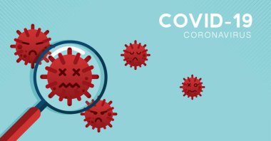 Büyüteç covid-19 Coronavirus konsepti grip salgını geçmişi. Hastalık hücresi ile salgın sağlık riski konsepti tehlikeli vektör tasarımı çizgi filmidir..