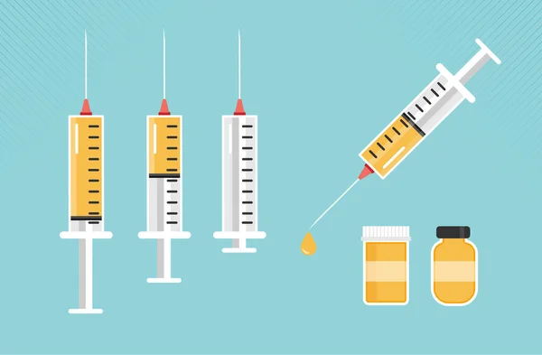 Jeringa Inyectable Con Vacuna Amarilla Vial Medicamento Frasco Medicamento Diseño — Archivo Imágenes Vectoriales