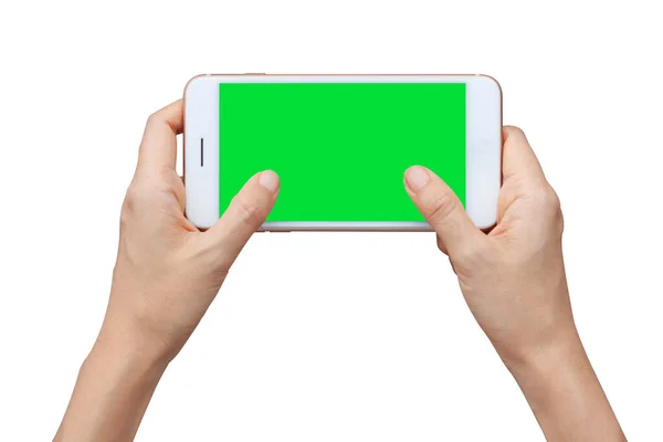 Mujer Tailandesa Mano Muestra Teléfono Inteligente Móvil Con Pantalla Verde —  Fotos de Stock