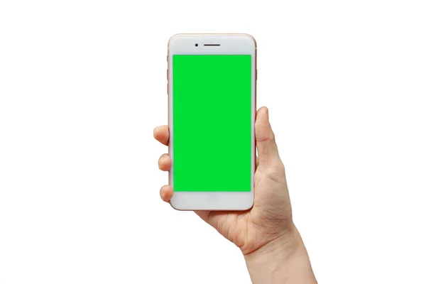 Тайские Женщины Рука Показывает Мобильный Смартфон Зеленым Экраном Вертикальном Положении — стоковое фото
