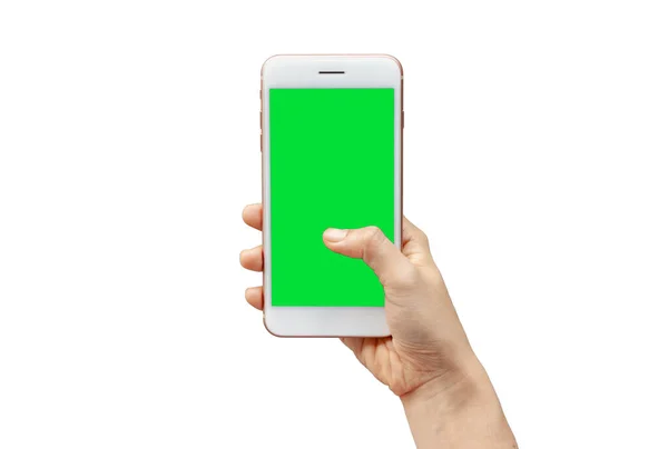 Thailänderin Zeigt Mobiltelefon Mit Grünem Bildschirm Vertikaler Position Isoliert Auf — Stockfoto