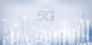 5G ağ kablosuz internet kablosuz internet bağlantısı. Akıllı şehir ve iletişim ağı konsepti. Yüksek hız, geniş bant telekomünikasyon. vektör tasarımı
